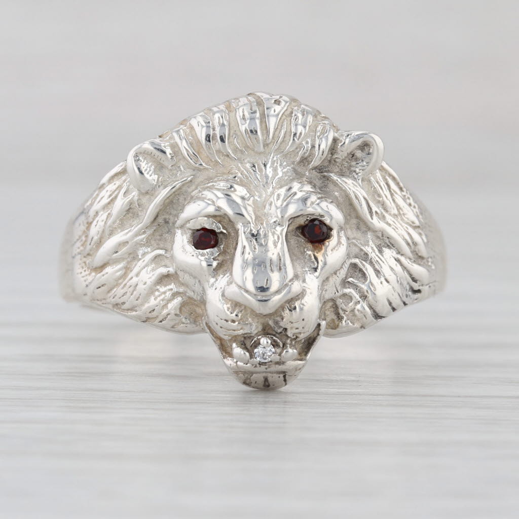 Lions Head Ring Garnet Diamond Sterling Silver Size 13.25
