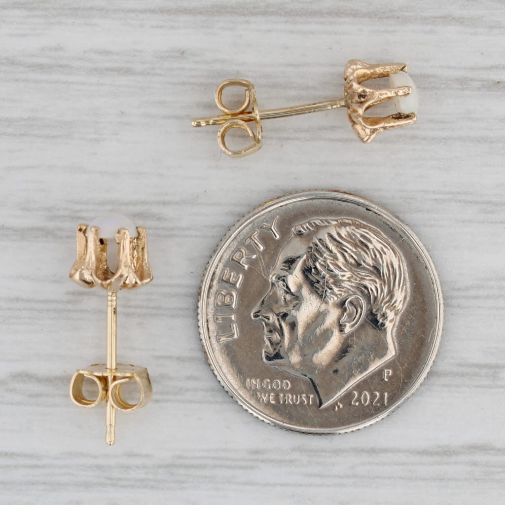 Gray Opal Buttercup Stud Earrings 14k Yellow Gold Round Cabochon Solitaires