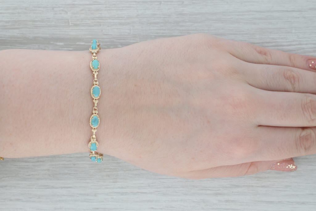 Gray Imitation Turquoise Tennis Bracelet 14k Yellow Gold 7"