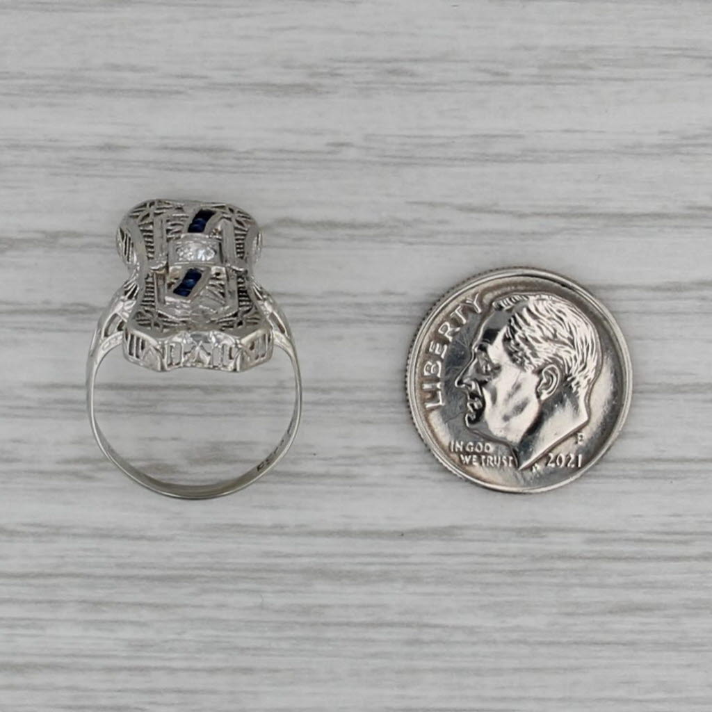 Art Deco Diamond Lab Created Sapphire Filigree Ring 18k White Gold Size 5.75