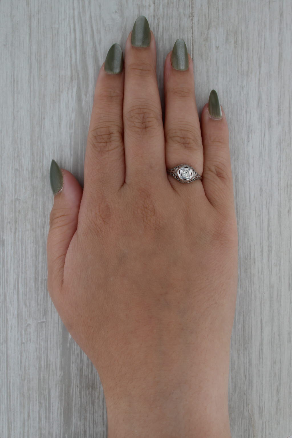 Art Deco Diamond Solitaire Ring 18k White Gold Size 7 Vintage Filigree