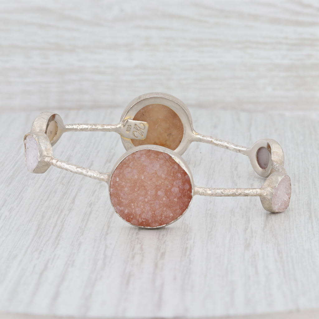 New Nina Wynn Bangle Bracelet 8" Sand White Druzy Quartz Sterling Silver