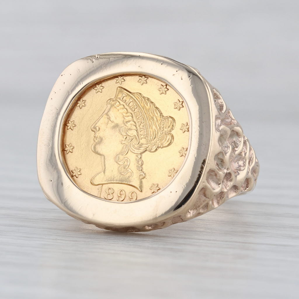 1899 $2.5 900 Gold Coin Nugget Ring 10k Yellow Gold Size 10.75 Signet