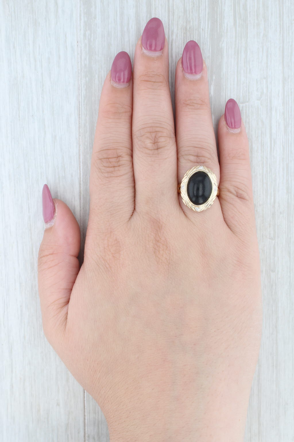 Light Gray Devitrified Glass Oval Cabochon Solitaire Ring 14k Yellow Gold Diamond Accents