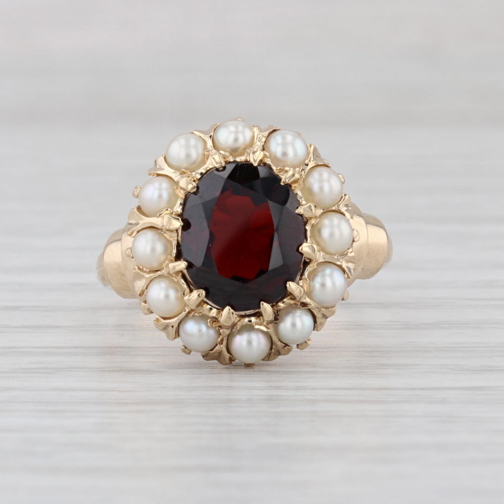 Vintage Oval Garnet Seed Pearl Halo Ring 12k Yellow Gold Size 8