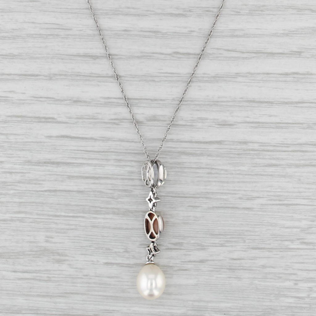 Moonstone Cultured Pearl Diamond Drop Pendant Necklace 14k White Gold Rope Chain