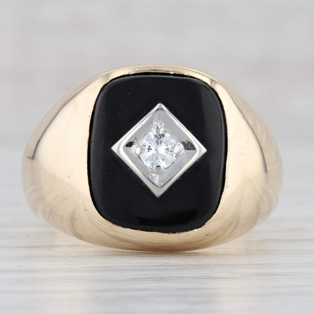 Light Gray 0.11ct Diamond Onyx Signet Ring 10k Yellow Gold Size 9.5