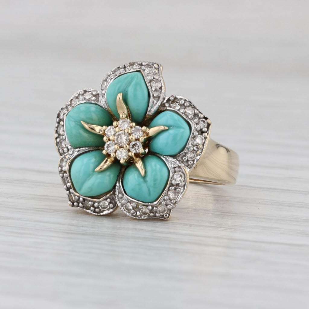 Le Vian Diamond Turquoise Flower Ring 14k Yellow Gold Size 5