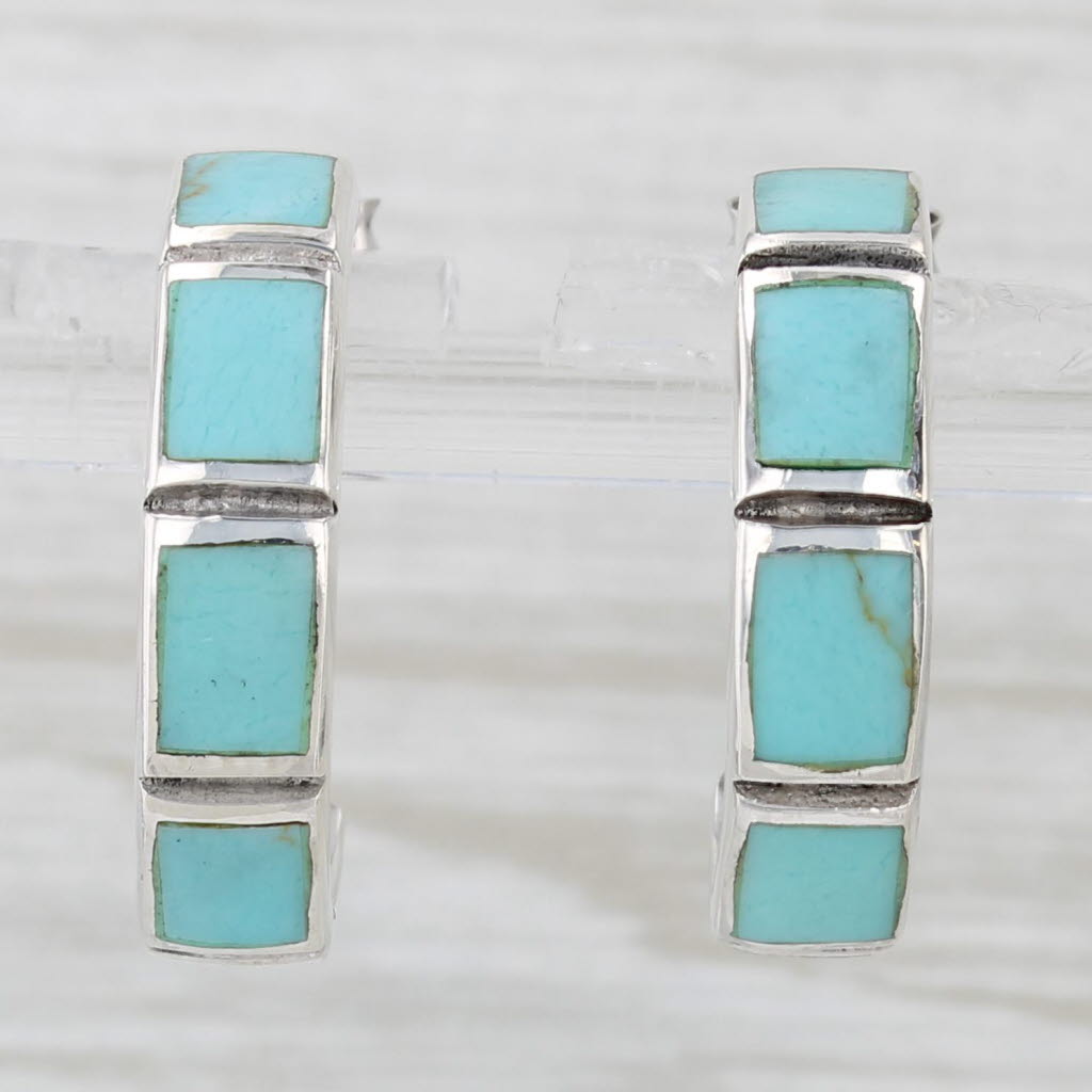 Light Gray Imitation Turquoise Hoop Earrings Sterling Silver Round Hoops Inlayed Mosaic