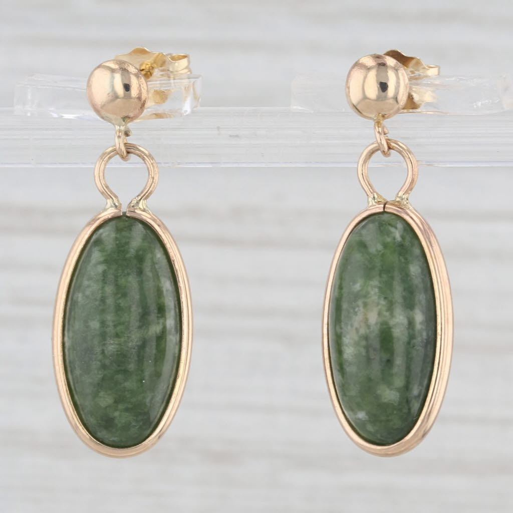 Light Gray Green Marbled Serpentine Oval Cabochon Drop Earrings 14k Yellow Gold