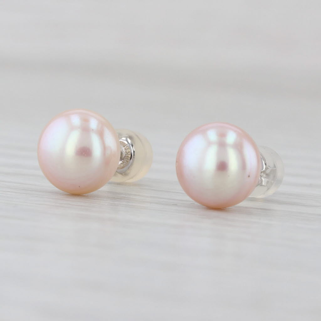Pink Cultured Pearl Stud Earrings 14k White Gold 8.2mm Round Solitaire Studs