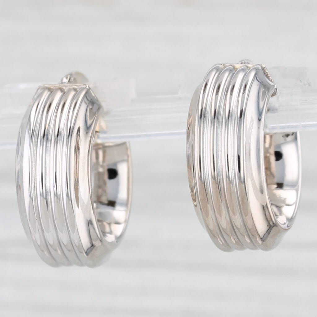 Light Gray Small Hoop Huggie Earrings 18k White Gold Snap Top Round Hoops Milor Italy