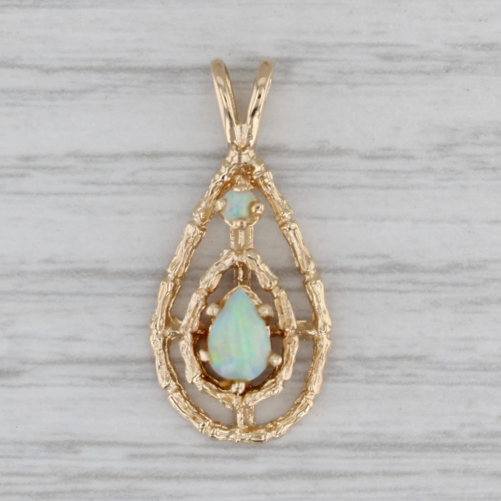 Gray Pear Opal Bamboo Teardrop Pendant 14k Yellow Gold