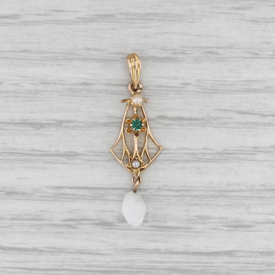 Vintage Lavalier Imitation Pearl Glass Pendant 10k Yellow Gold