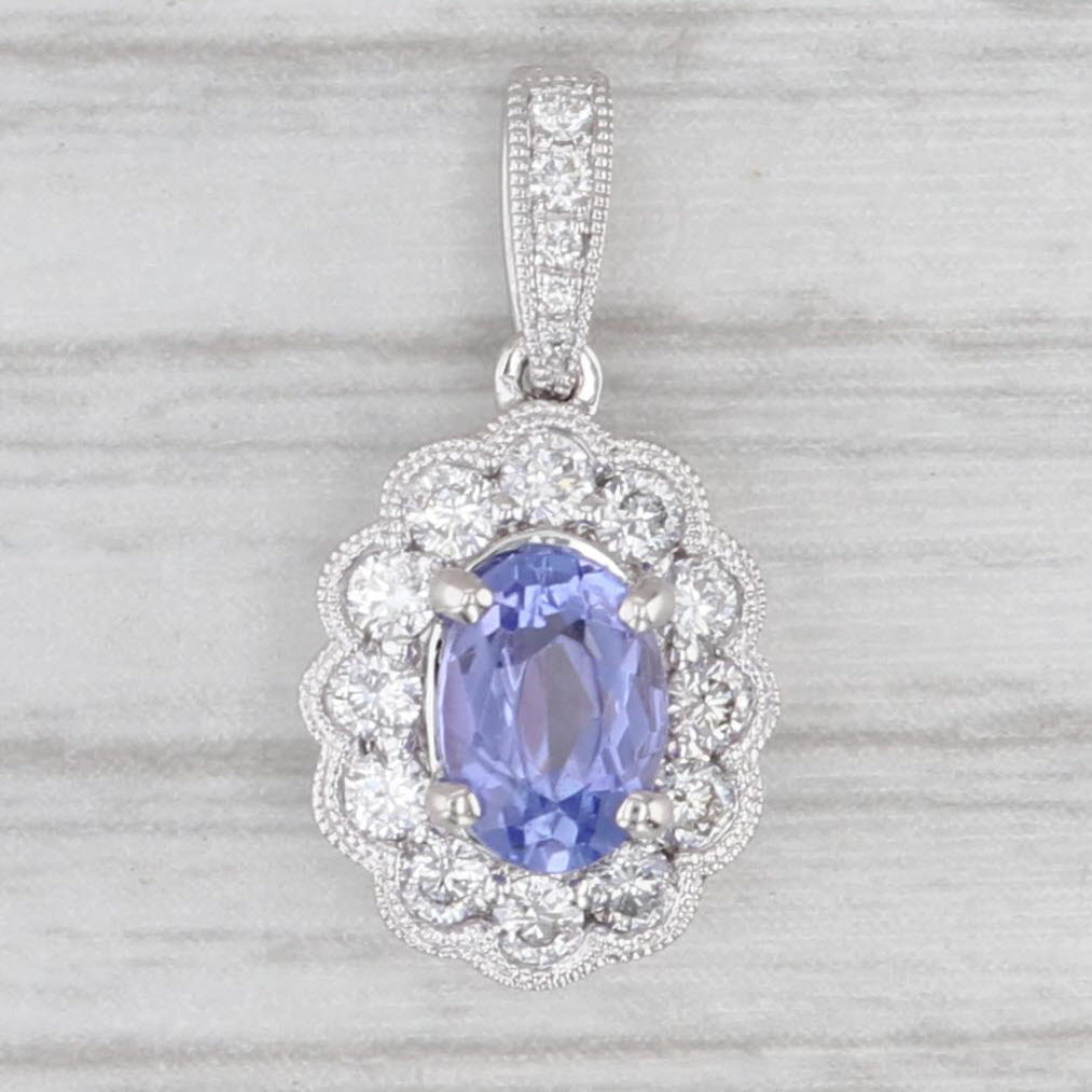 Light Gray New 0.75ctw Oval Tanzanite Diamond Halo Pendant 14k White Gold Small Drop