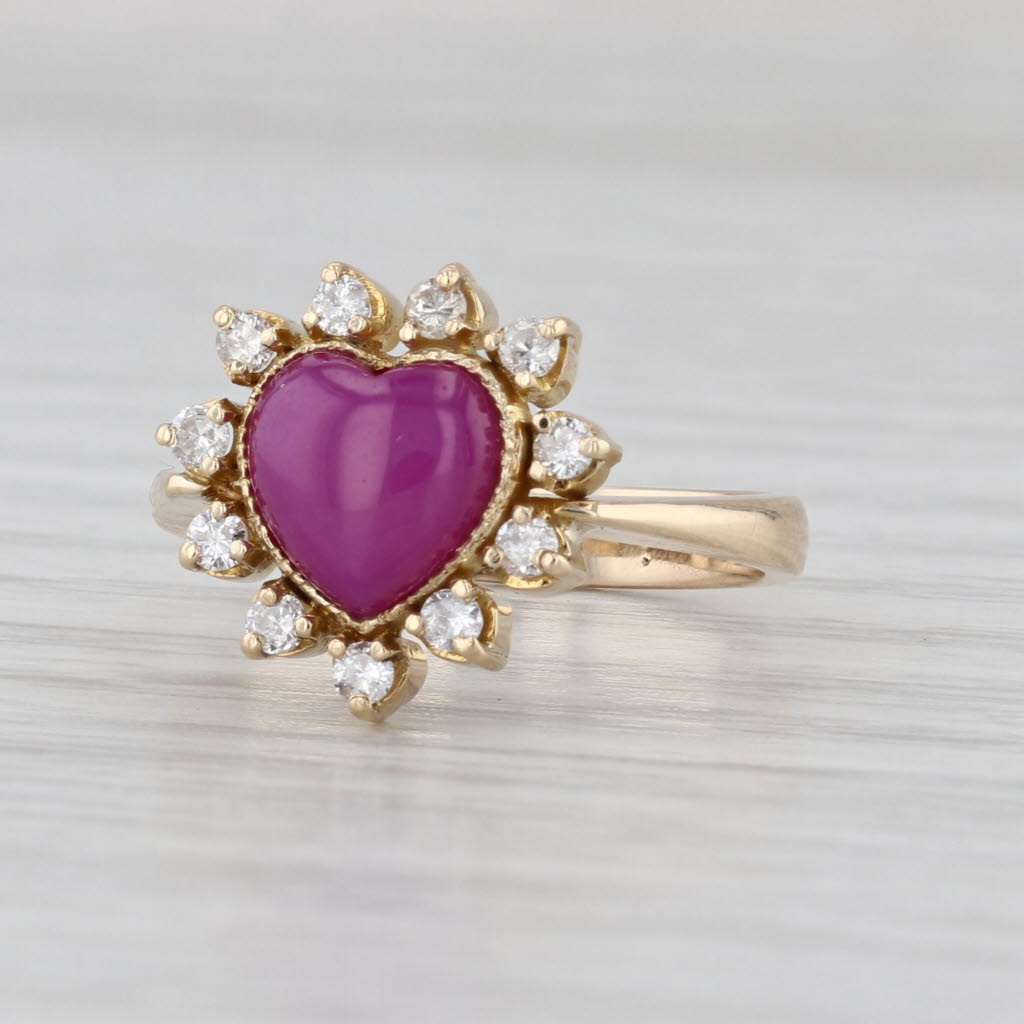 Lab Created Star Ruby Heart Cabochon Diamond Halo Ring 13k Yellow Gold Size 4.5
