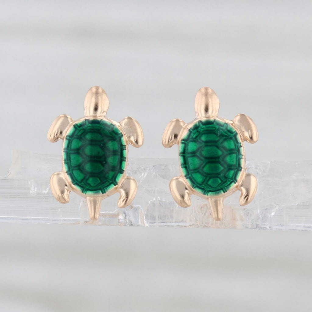 Small Turtle Stud Earrings 14k Yellow Gold Green Enamel Studs