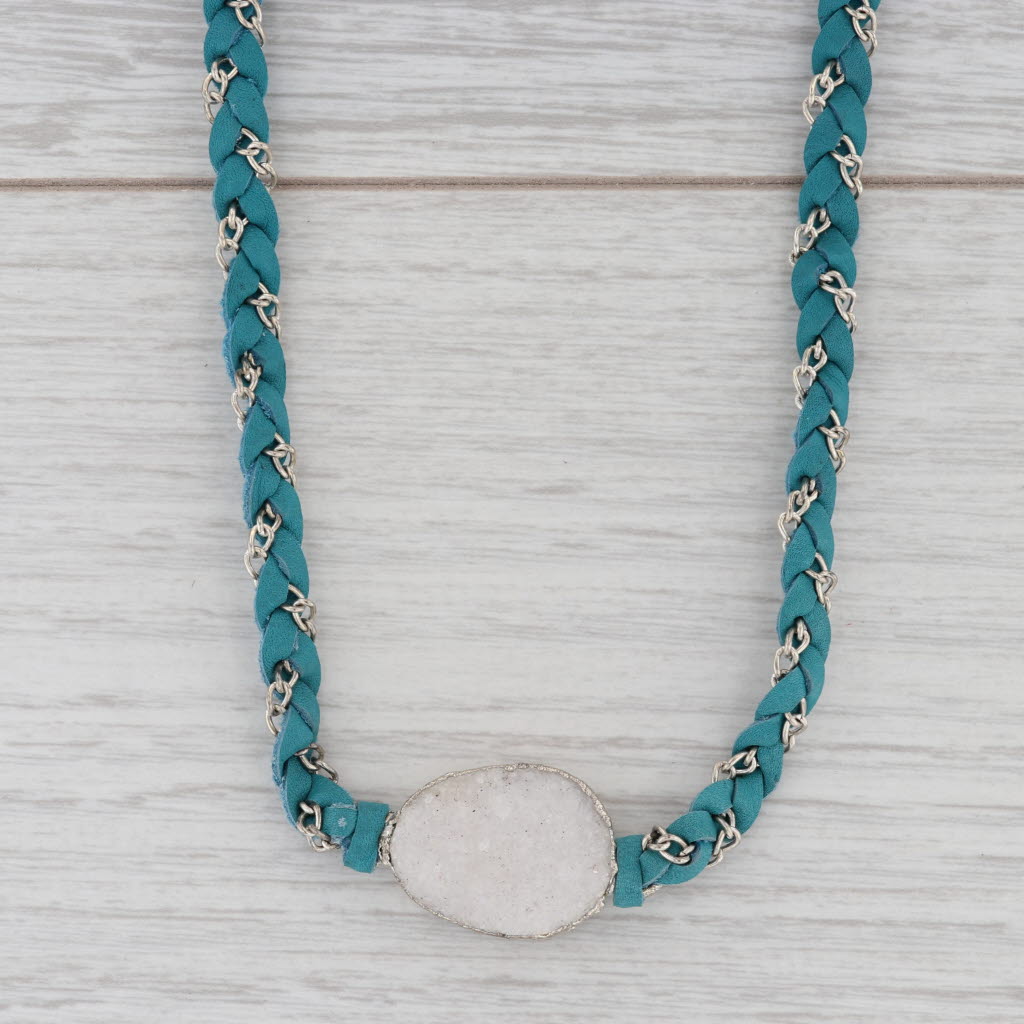 New Nina Wynn Necklace Cordelia Teal Leather White Druzy Quartz Pendant