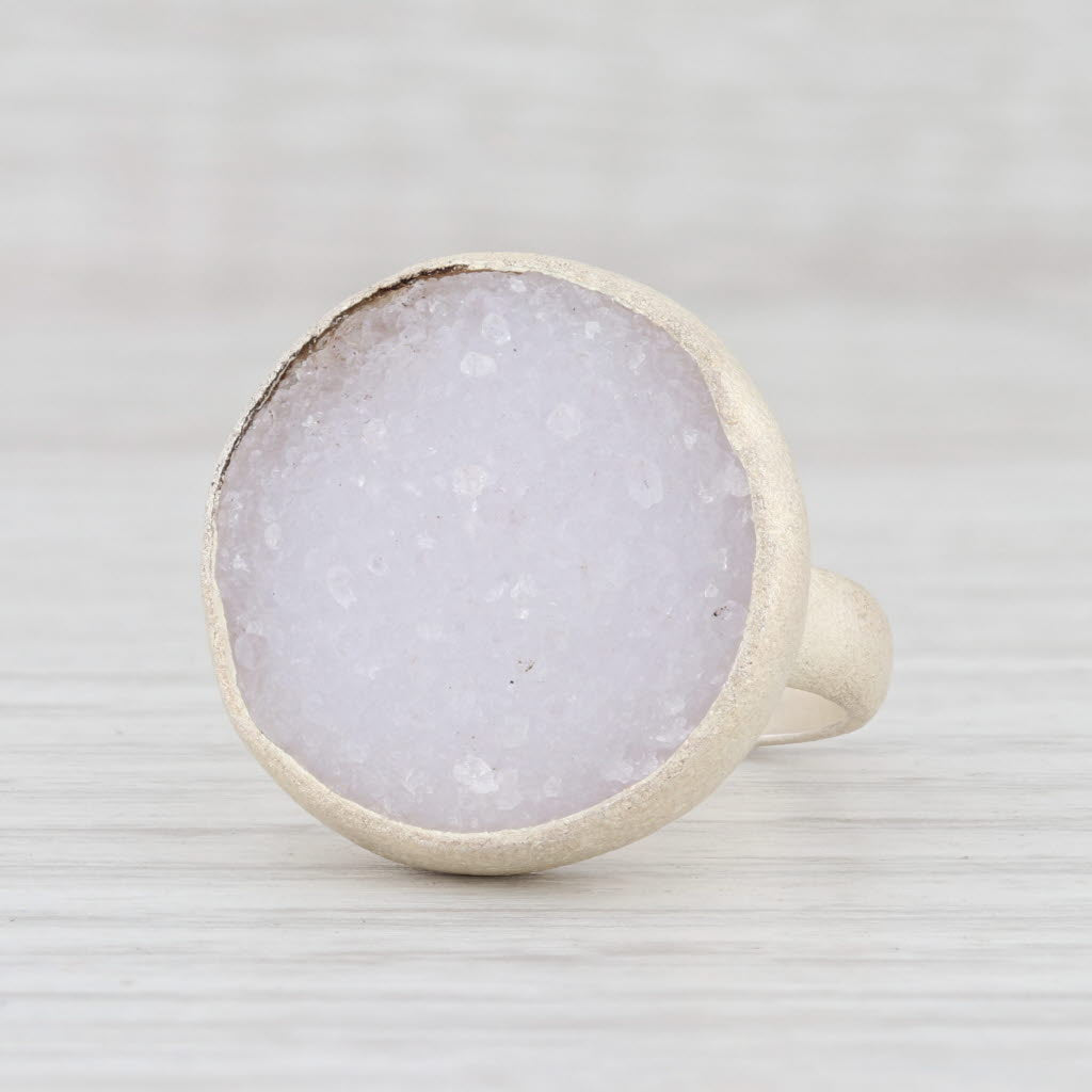 New Nina Wynn White Druzy Quartz Ring Sterling Silver Size 7.25 Statement