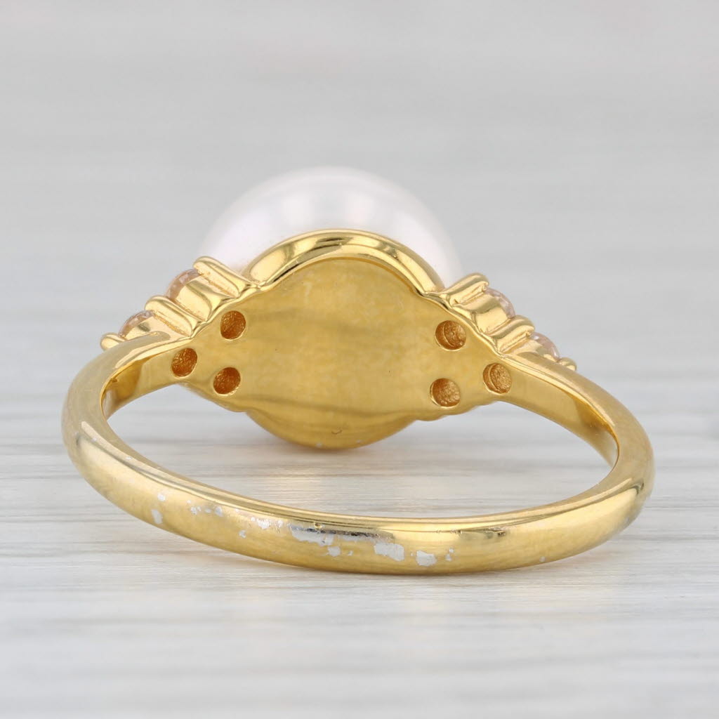 Light Gray Cultured Pearl Cubic Zirconia Ring Sterling Silver Gold Vermeil Size 9.25