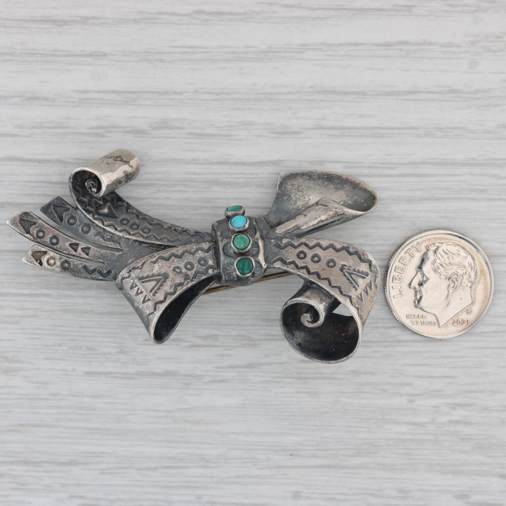 Gray Vintage Turquoise Bow Brooch Sterling Silver Native American Statement Pin