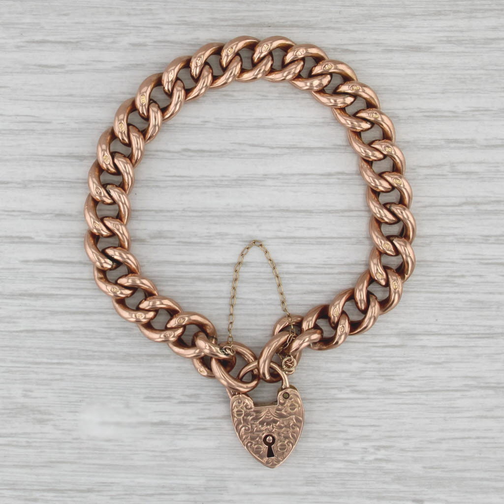 Antique British Heart Lock Charm Bracelet 9k Rose Gold 7.5" Curb Chain