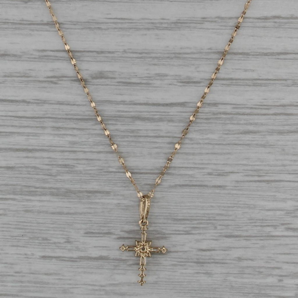 0.17ctw Cubic Zircobia Cross Pendant Necklace 14k Gold 16" 18" Mirror Chain