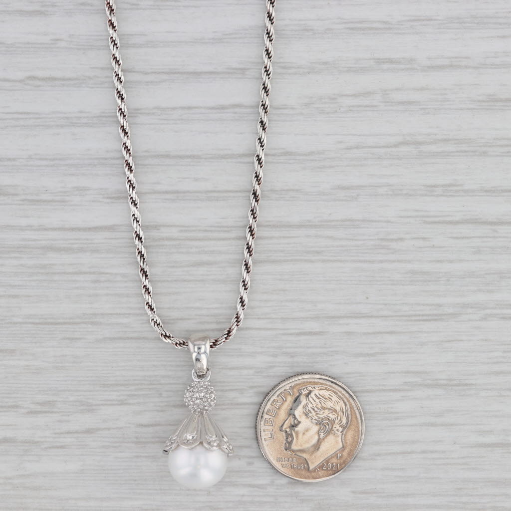 Gray Cultured Pearl Diamond Pendant Necklace Sterling Silver 18" Rope Chain