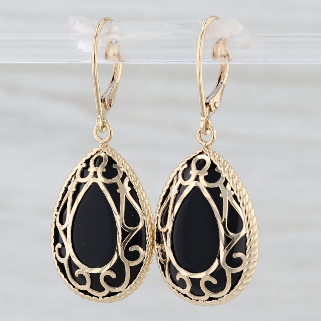 Ornate Onyx Teardrop Dangle Earrings 14k Yellow Gold Leverbacks