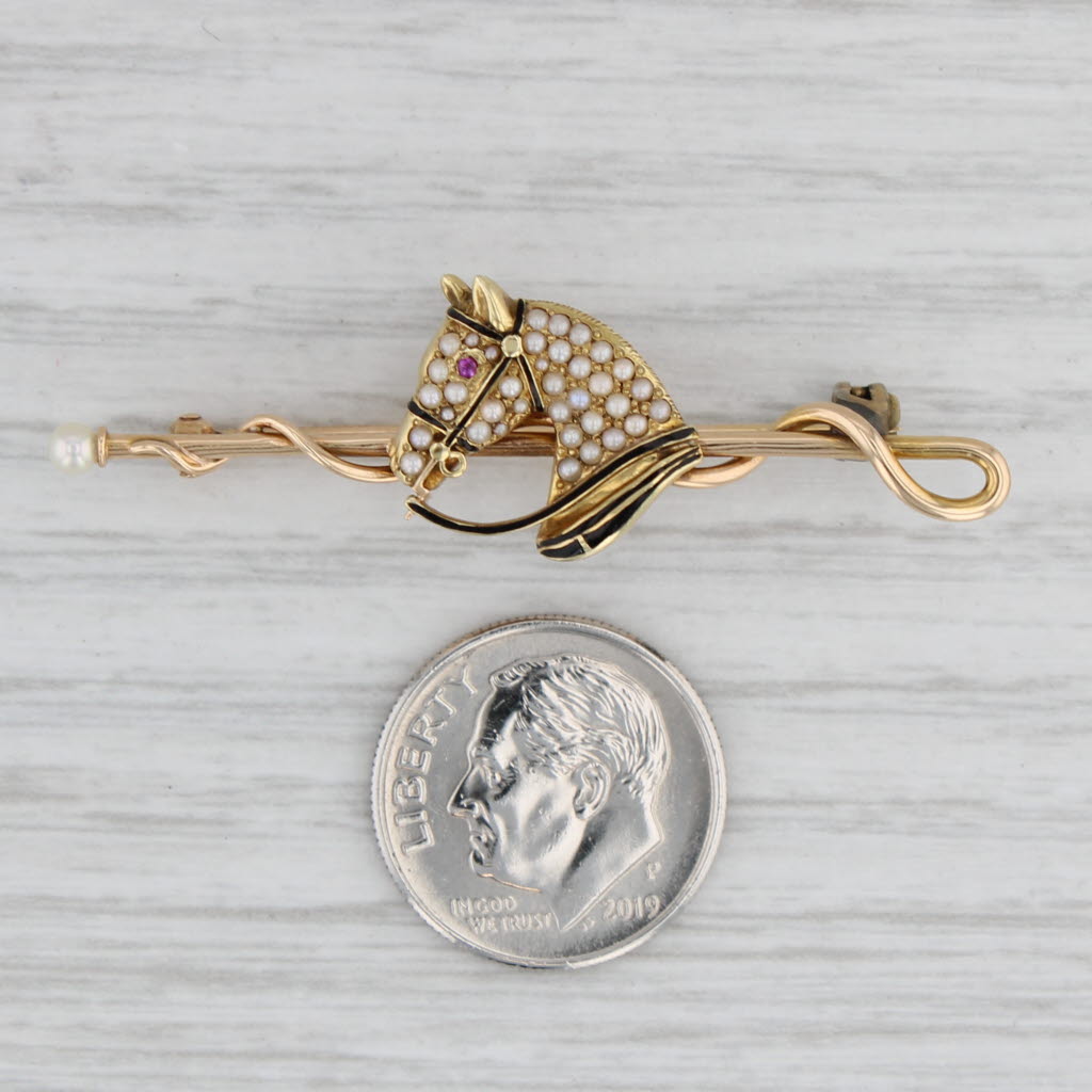 Gray Antique Horse & Whip Brooch 14k Gold Pearl Ruby Pin Equestrian