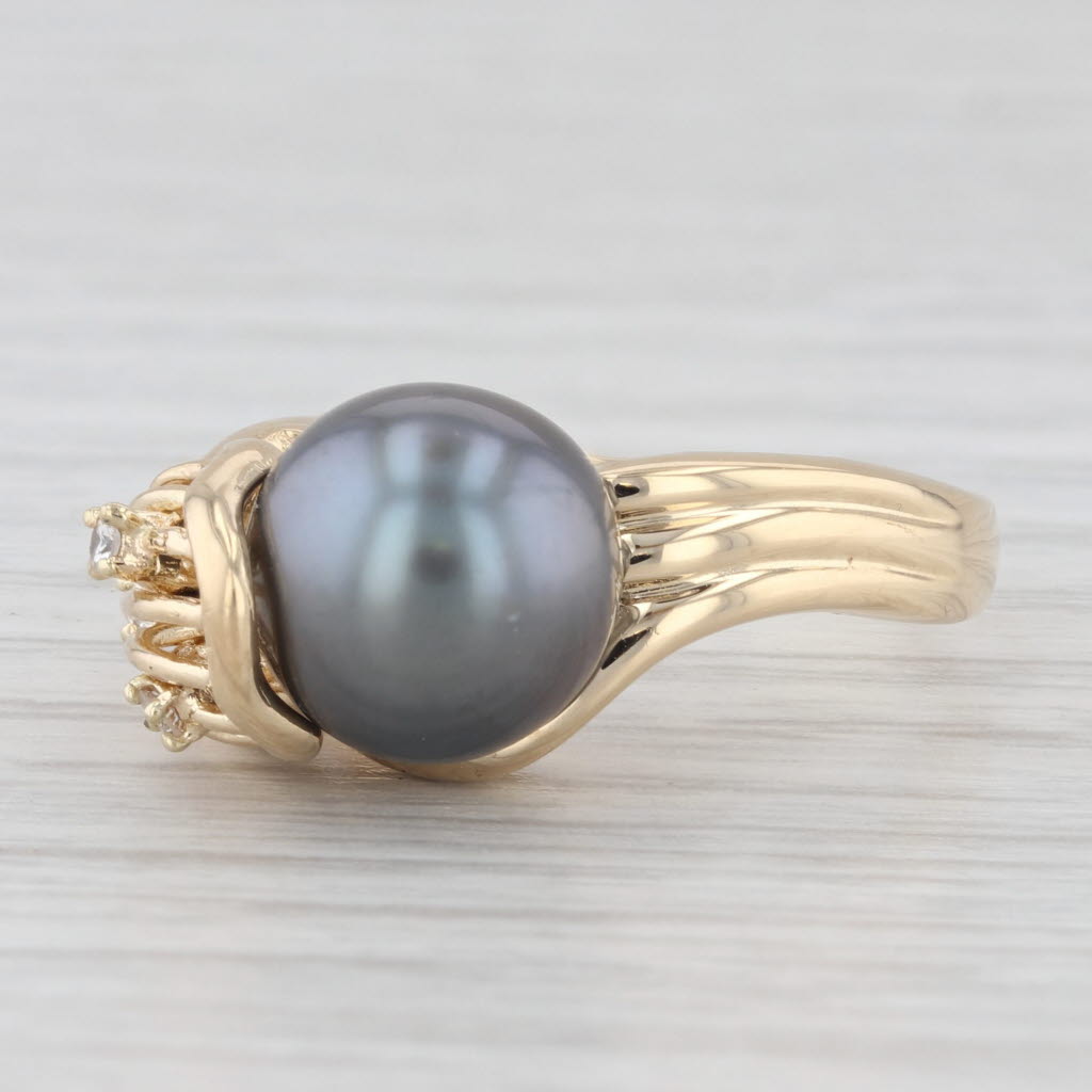 Light Gray Black Cultured Pearl Diamond Ring 18k Yellow Gold Size 7.5