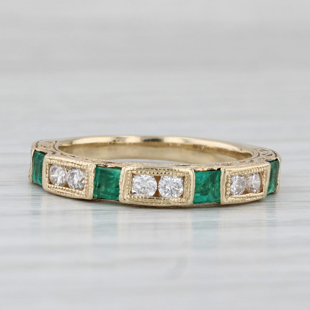 Light Gray 0.62ctw Emerald Diamond Ornate Ring 14k Yellow Gold Wedding Stackable Band