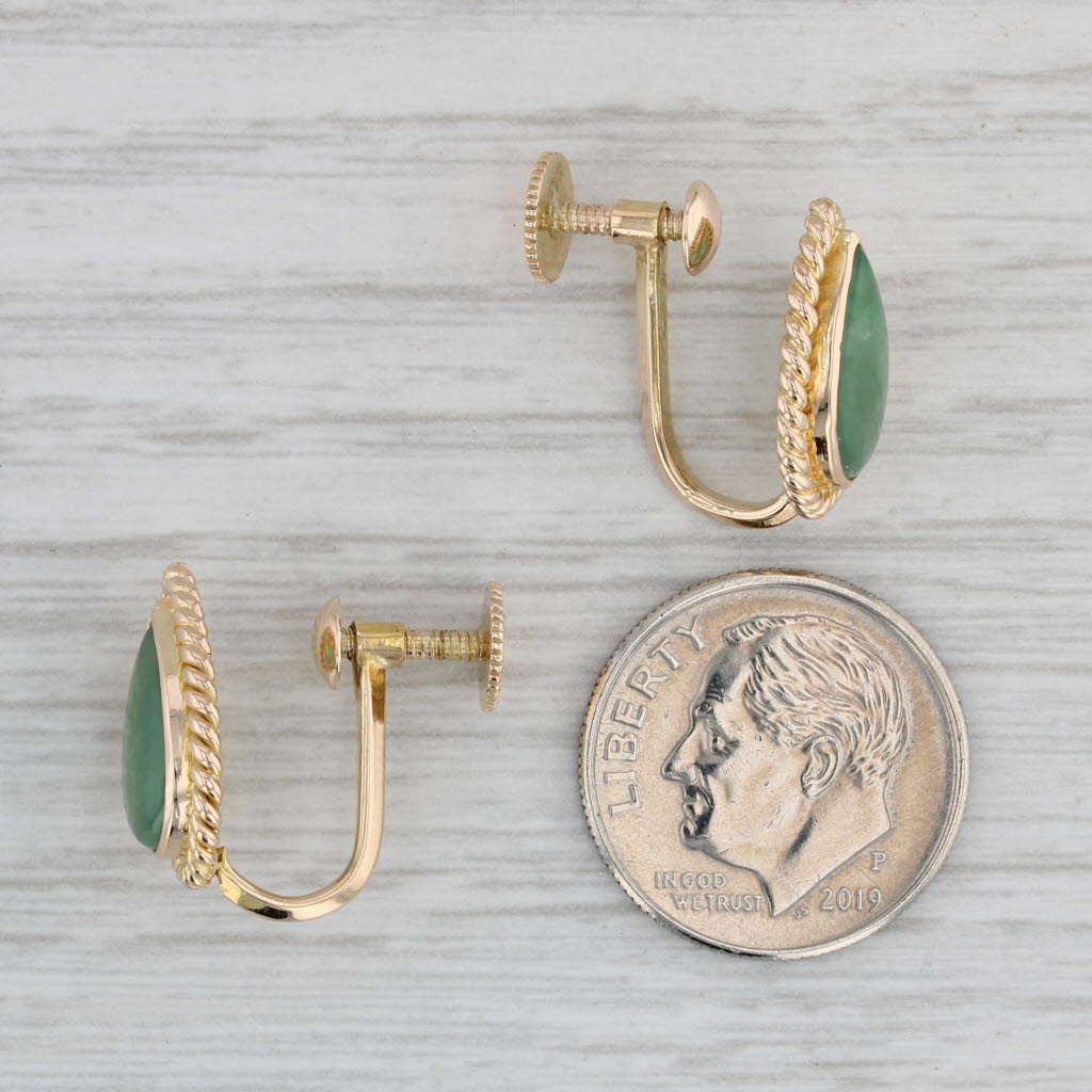 Gray Jadeite Jade Pear Cabochon Earrings 14k Yellow Gold Screw Back Non Pierced