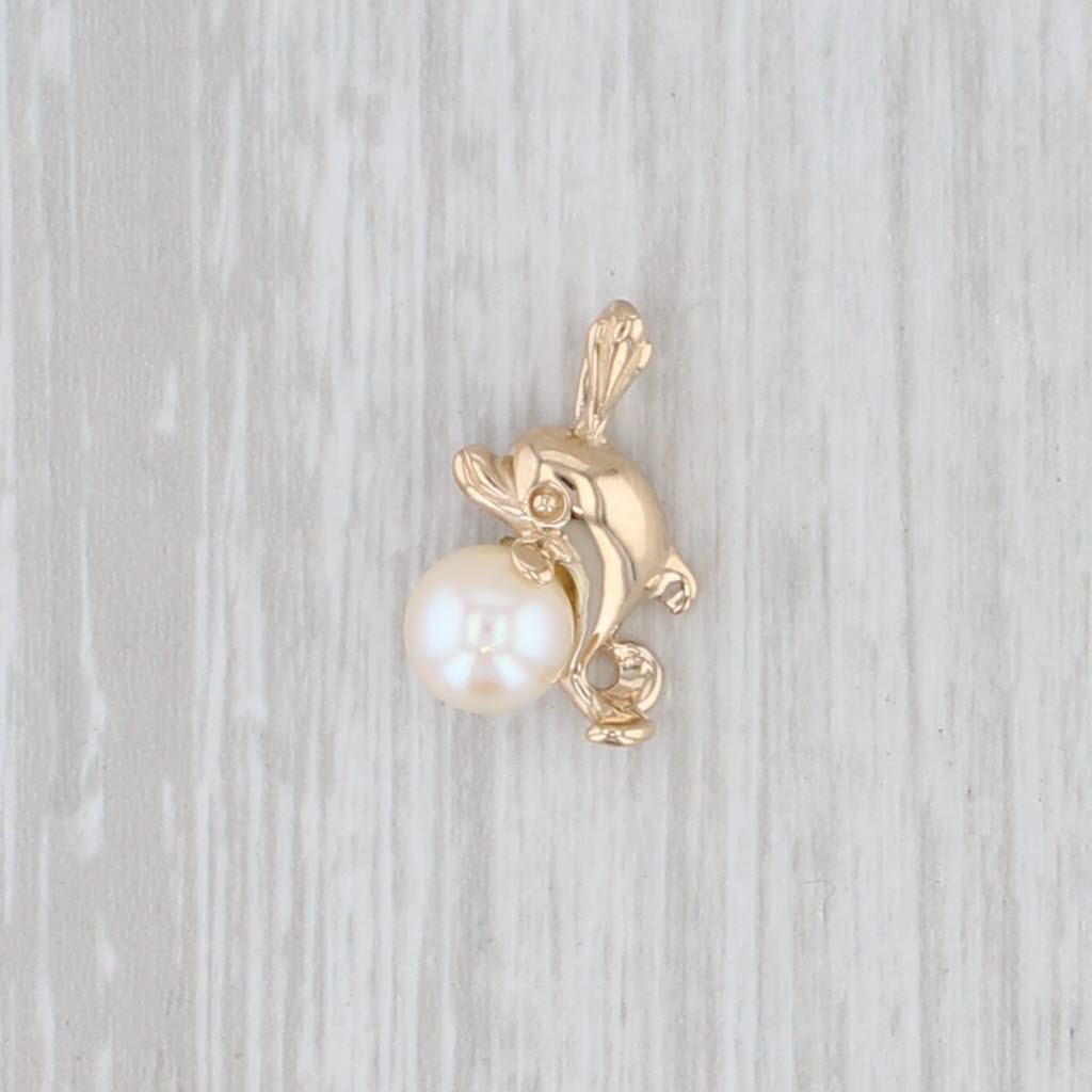 Light Gray Cultured Pearl Bead Dolphin Pendant 14k Yellow Gold Small Drop