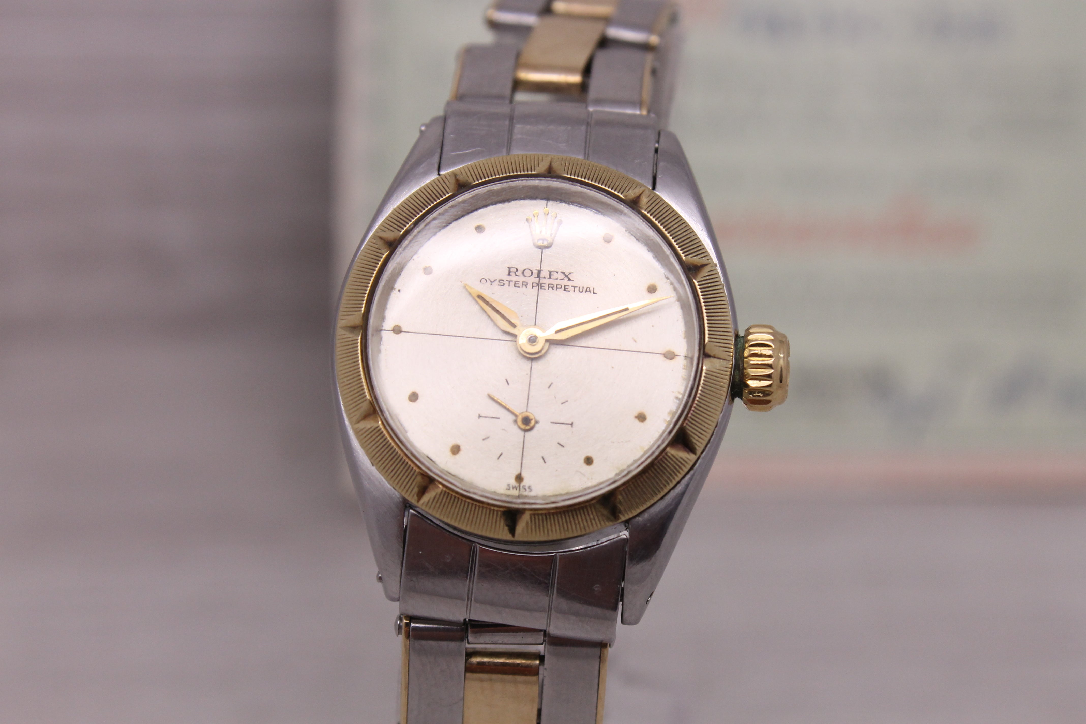 Light Slate Gray Vintage 1956 Rolex Zephyr Oyster Perp 6503 Ladies Automatic 2 Tone Watch Papers