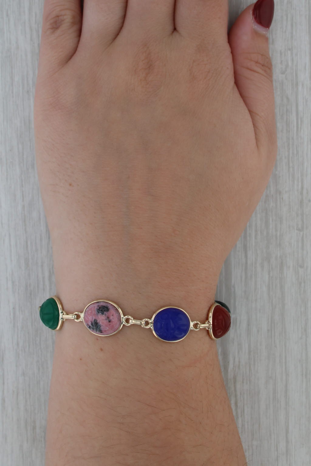 Carved Scarab Stone Bracelet 14k Gold Tiger's Eye Bloodstone Quartz Carnelian