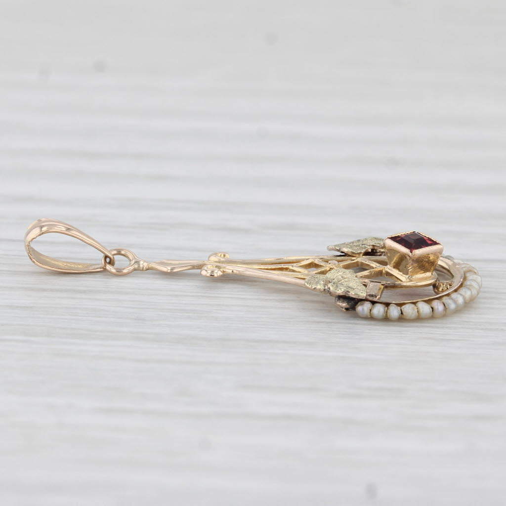 Light Gray Ostby Barton Garnet Pearl Vintage Lavalier Pendant 10k Yellow Green Gold