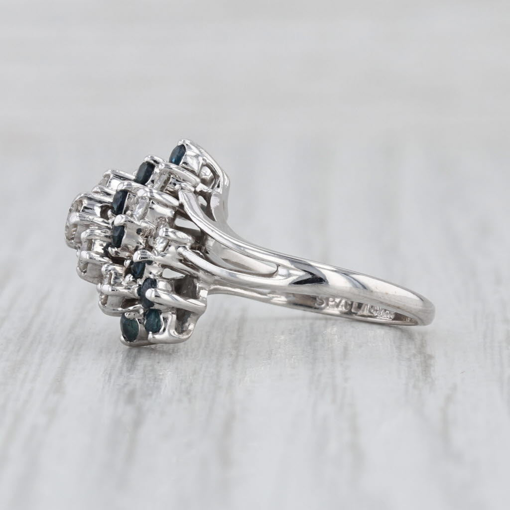 1ctw Blue Sapphire Diamond Cluster Bypass Ring 14k White Gold Size 5.25