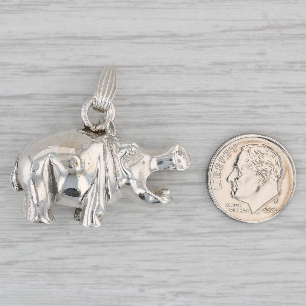 Gray Vintage Hippo Figurine Pendant Sterling Silver 925 3D Charm