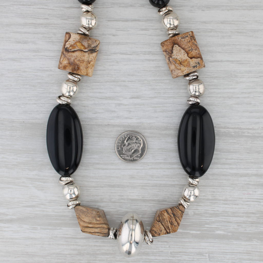 Gray Jasper Onyx Obsidian Bead Statement Necklace Sterling Silver 23" Toggle Clasp