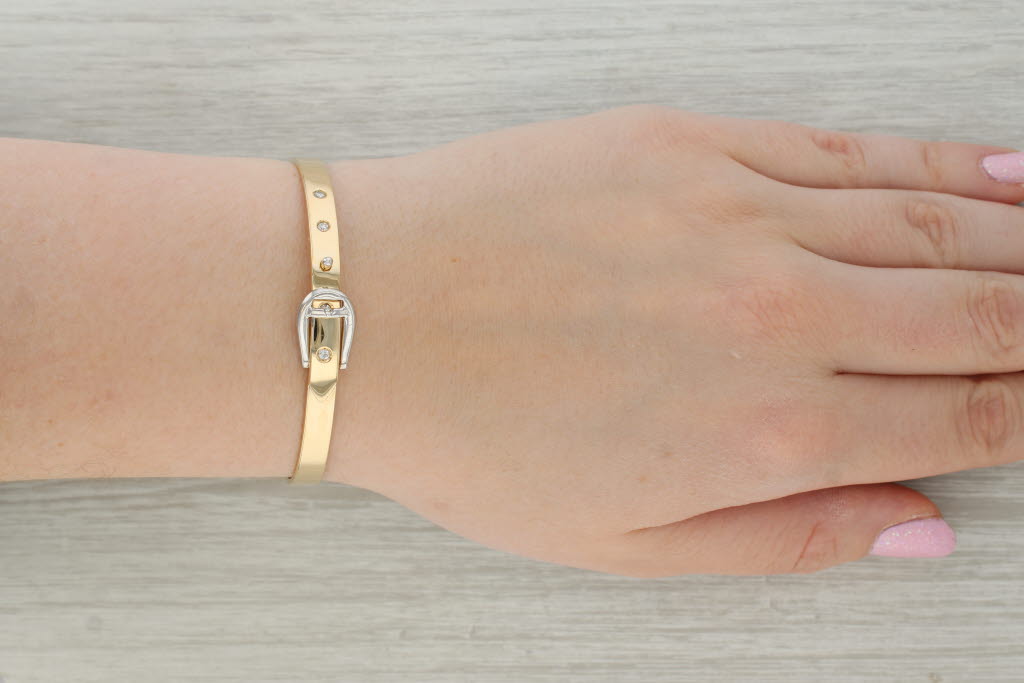 Tan 0.12ctw Diamond Accented Belt Bangle Bracelet 14k Gold 6.5"