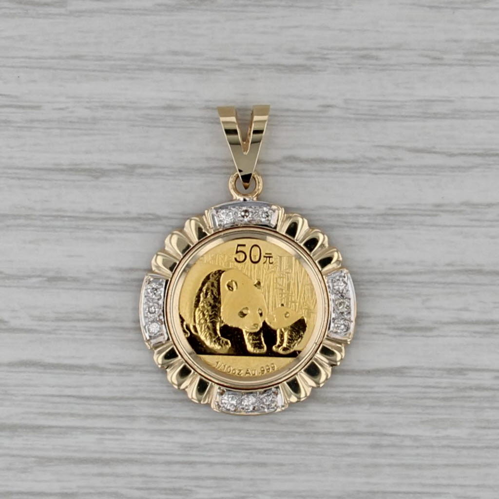 0.20ctw Diamond Chinese Panda Coin Pendant 14k 999 Gold 50 Yuan 2011 1/10oz