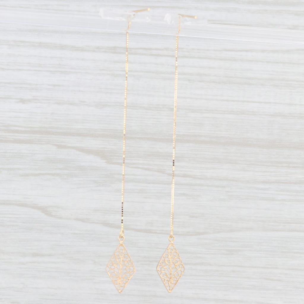 Light Gray Filigree Dangle Threader Earrings 14k Yellow Gold