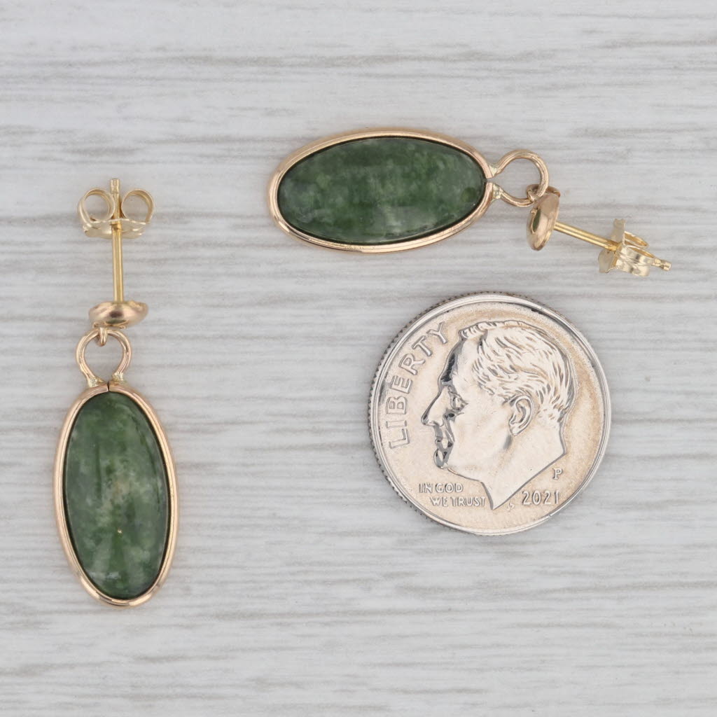 Gray Green Marbled Serpentine Oval Cabochon Drop Earrings 14k Yellow Gold