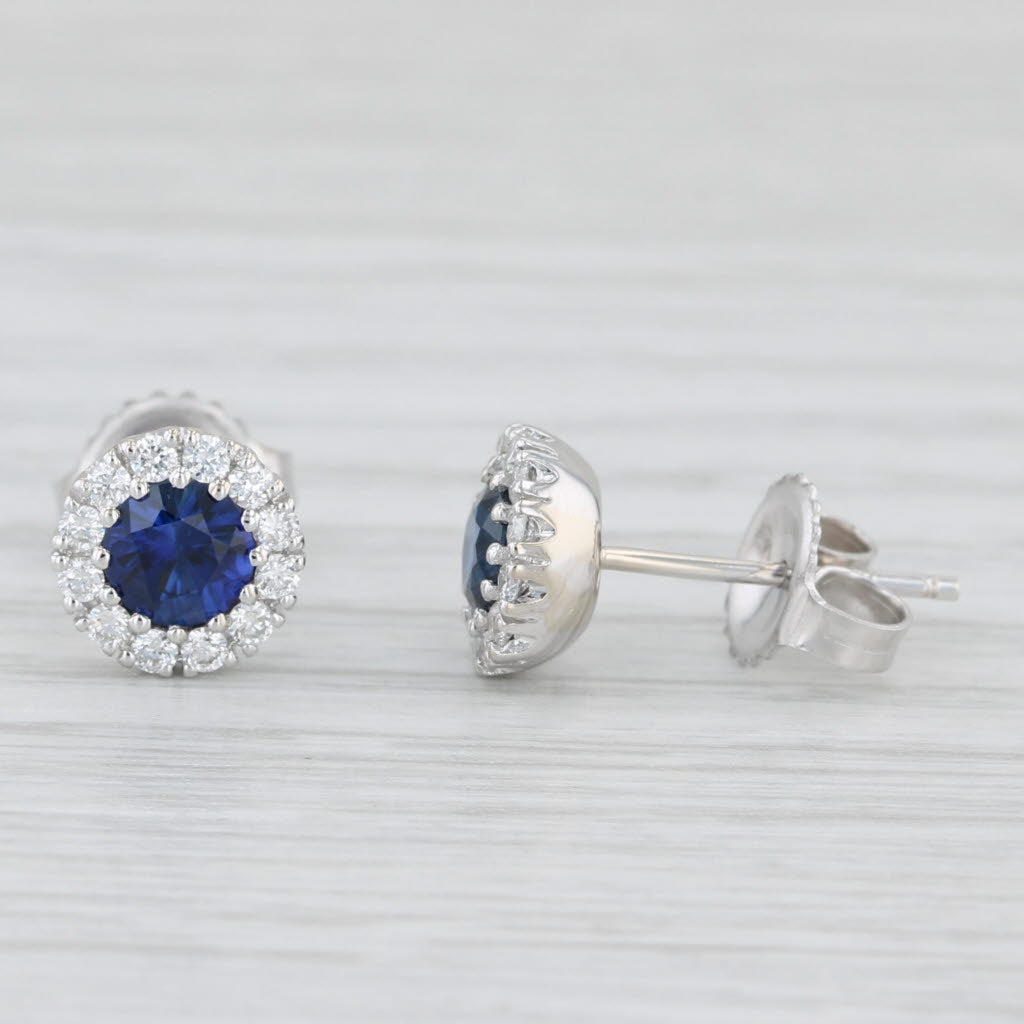 Light Gray 1.32ctw Blue Sapphire Diamond Halo Stud Earrings 18k White Gold