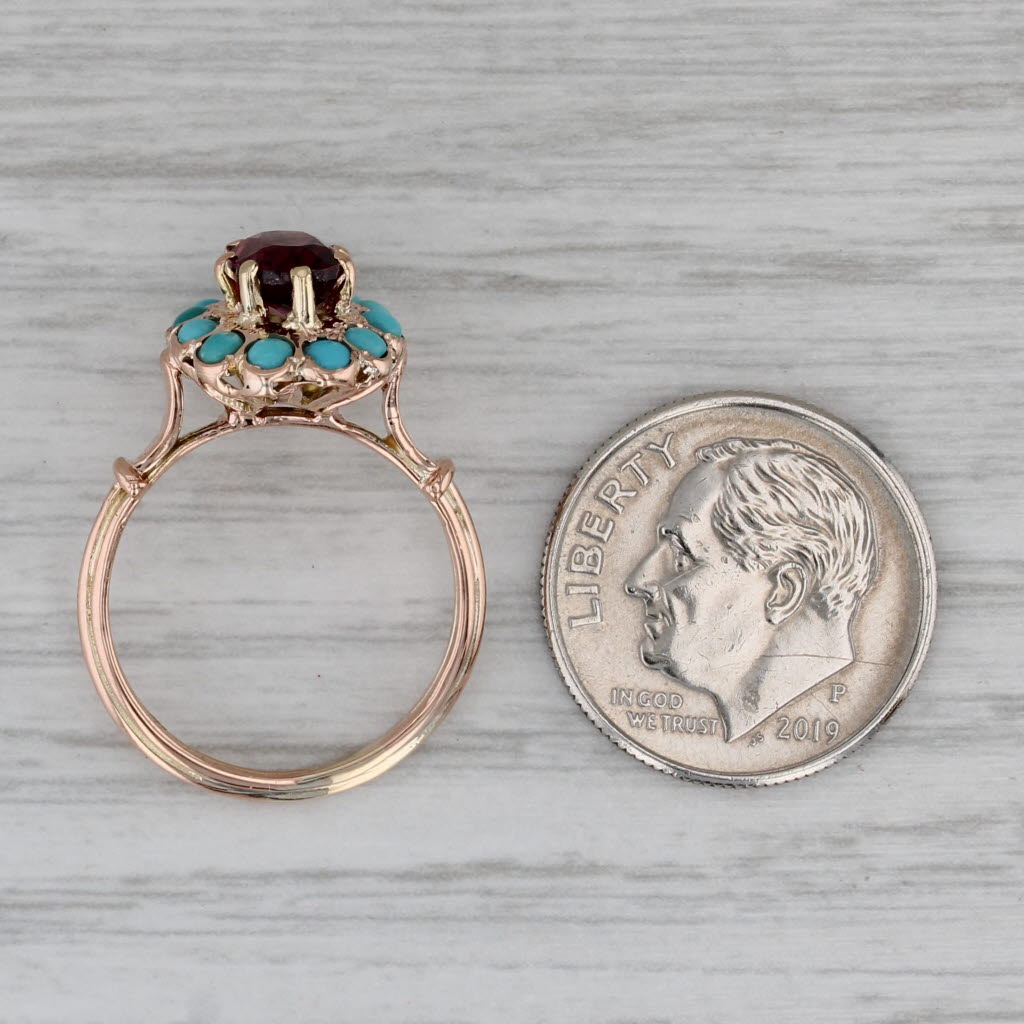 Gray Vintage Rhodolite Garnet Turquoise Halo Ring 12k Rose Gold Size 5