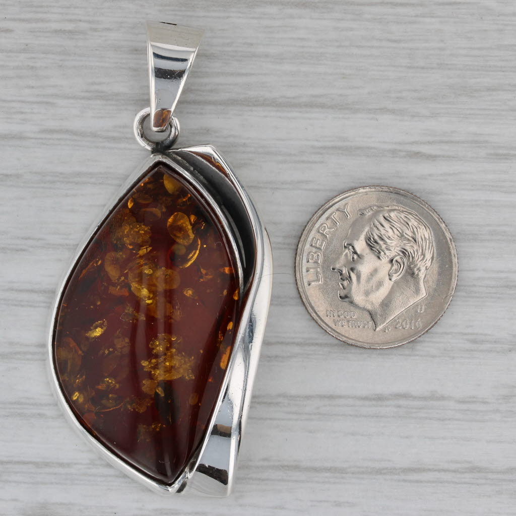 Dark Gray Navette Amber Statement Pendant Sterling Silver