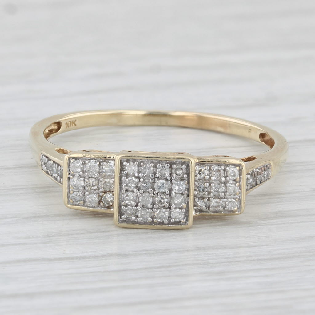 Light Gray Pave Diamond Ring 10k Yellow Gold 3-Stone Design Size 11.5 Heart Accents