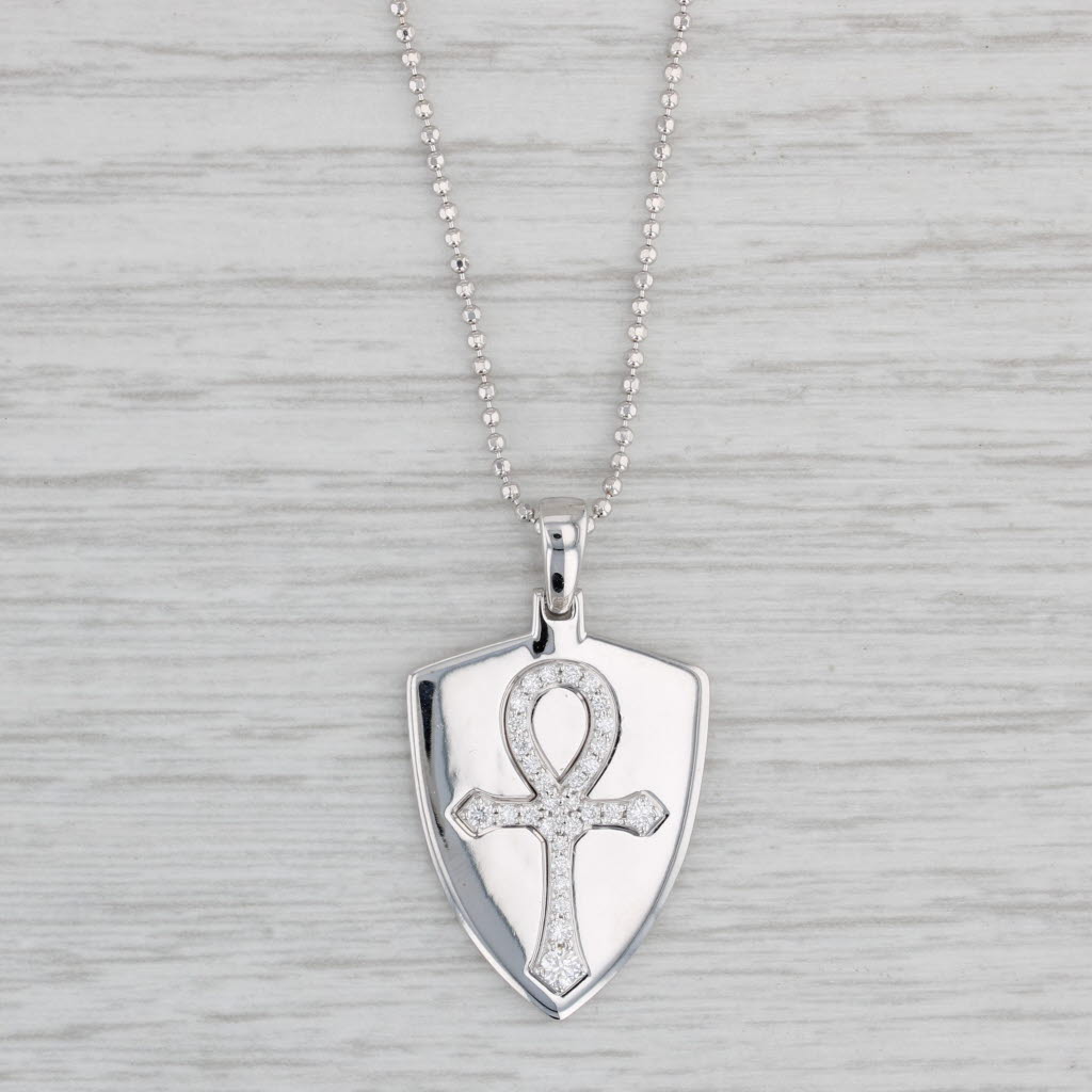 Gray New 0.25ctw Diamond Ankh Shield Pendant Necklace 14k White Gold Bead Chain