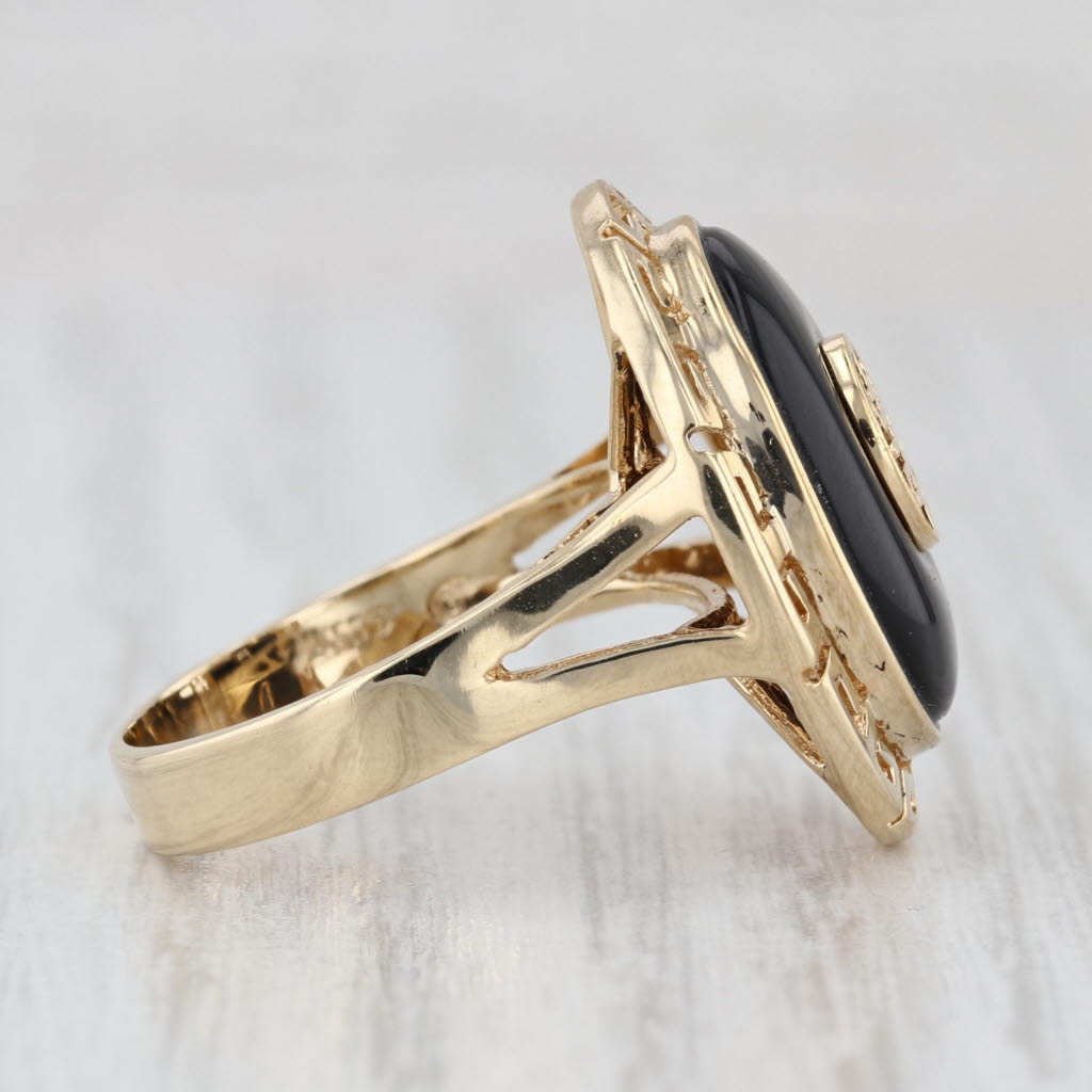 Longevity Shou Chinese Character Onyx Cabochon Ring 14k Yellow Gold Size 6.25